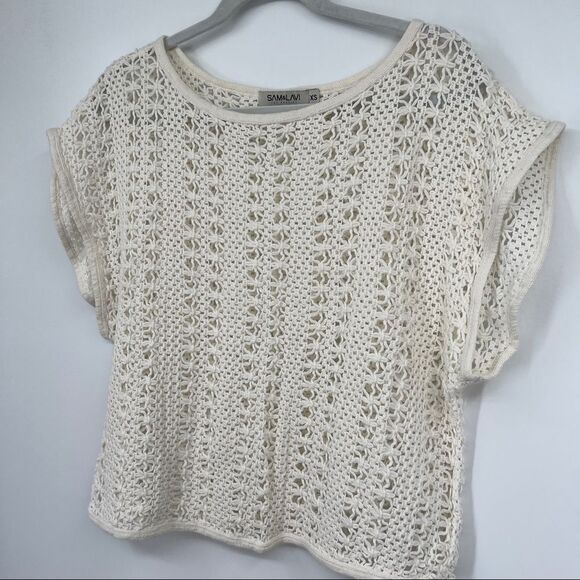 SAM & LAVI Los Angeles Open Crochet Knit Cream Cap Sleeve Unlined Sweater Top - Picture 5 of 7